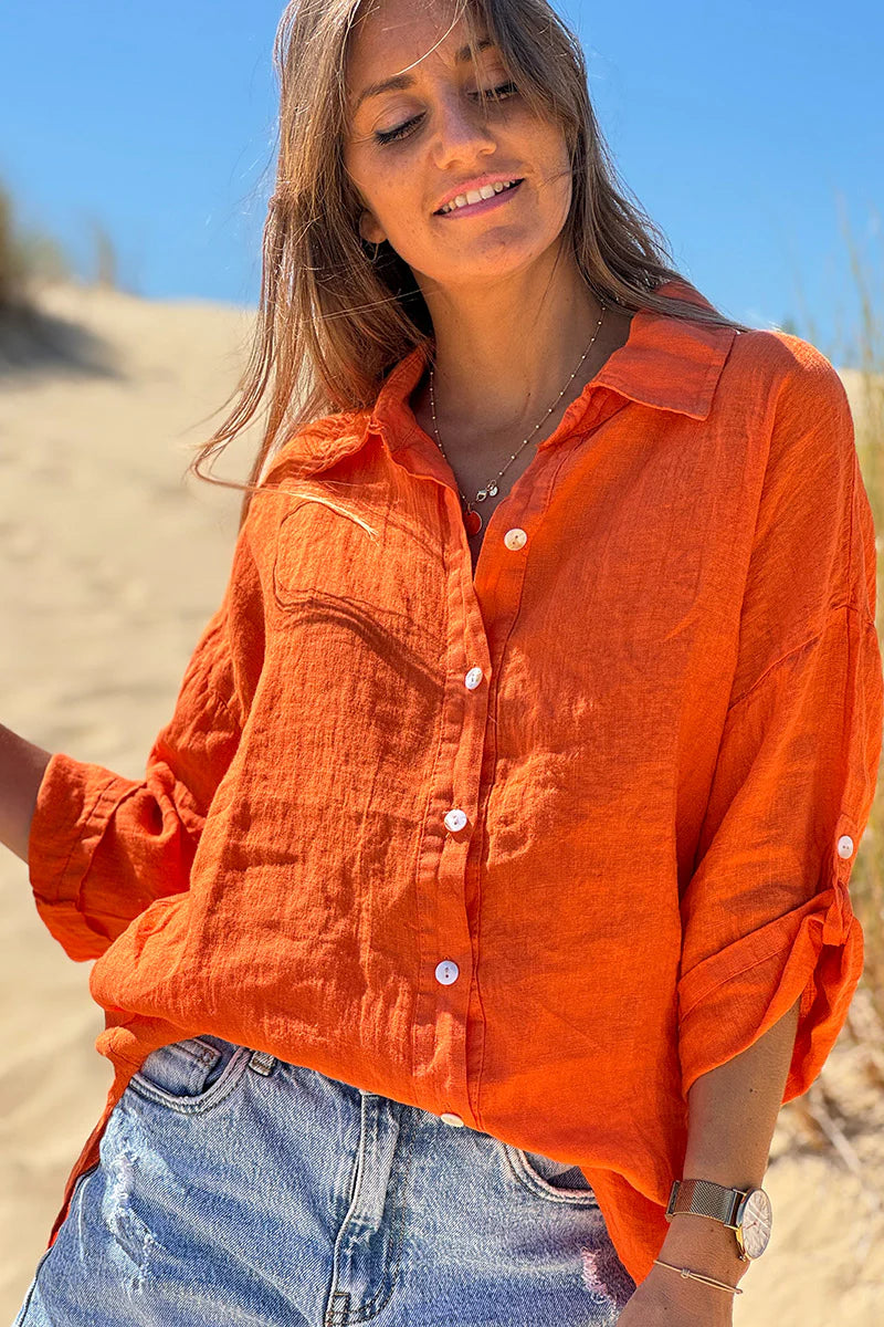 Coral Roll-Cuff Button-Down Blouse