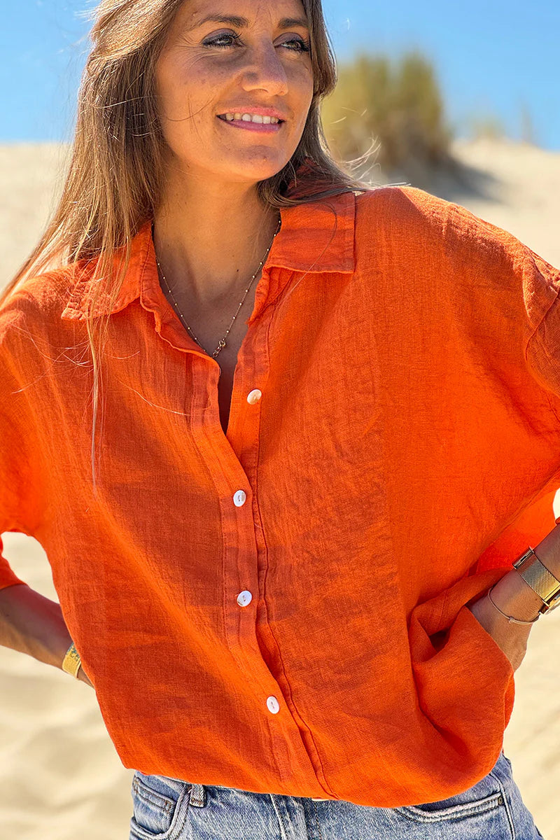 Coral Roll-Cuff Button-Down Blouse