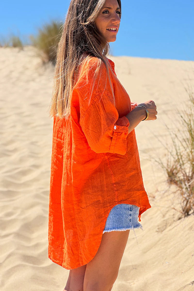 Coral Roll-Cuff Button-Down Blouse