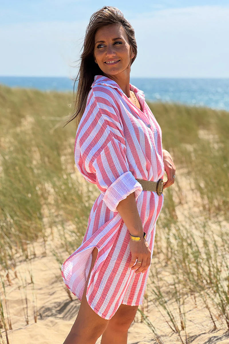 Coral Stripe Gauze Shirt Dress