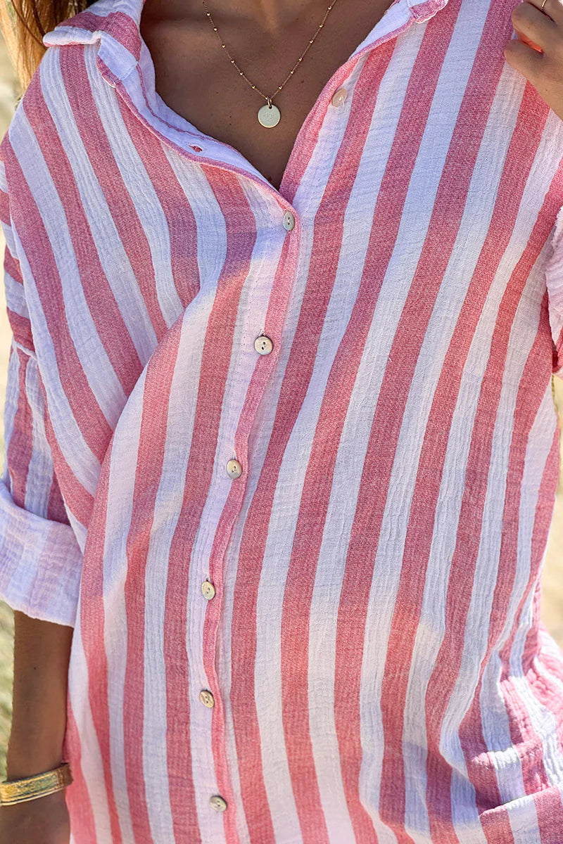 Coral Stripe Gauze Shirt Dress