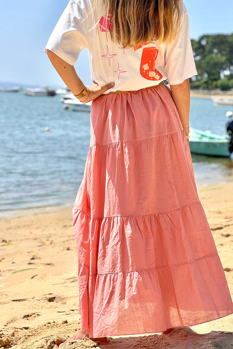 Coral Tiered Eyelet Boho Skirt