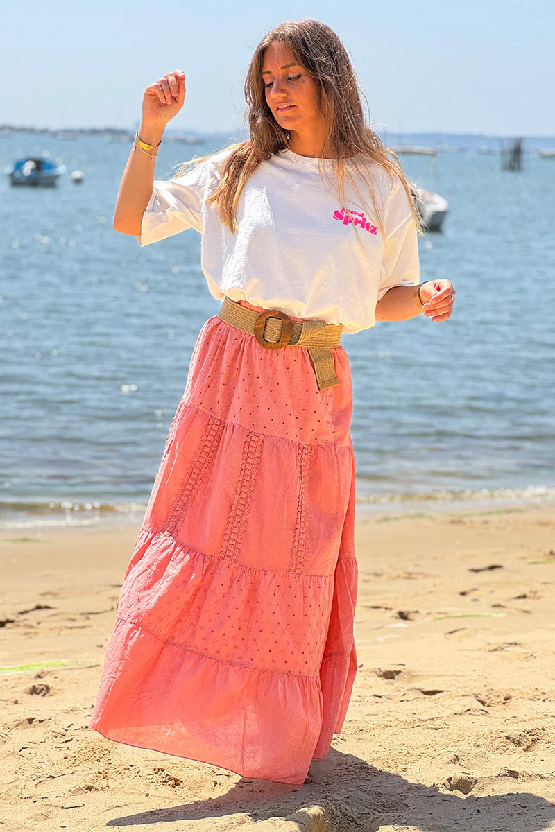 Coral Tiered Eyelet Boho Skirt