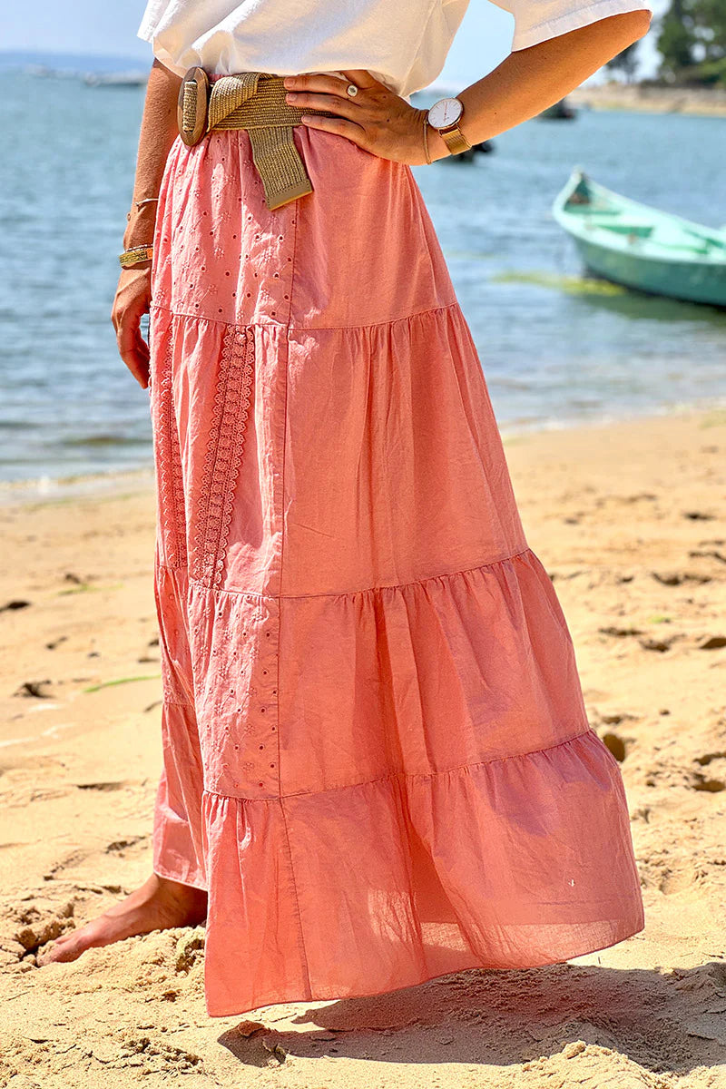 Coral Tiered Eyelet Boho Skirt