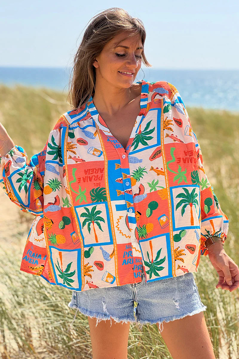Coral Tropical Block Button-Down Blouse