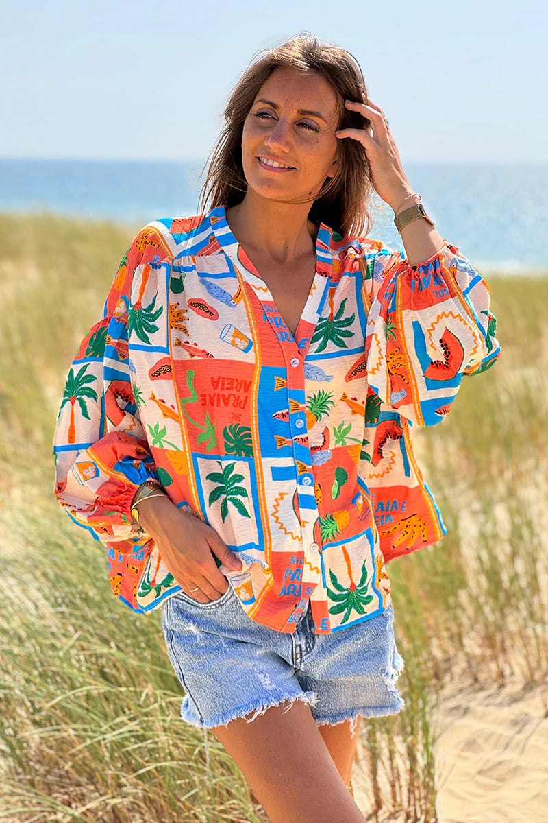 Coral Tropical Block Button-Down Blouse
