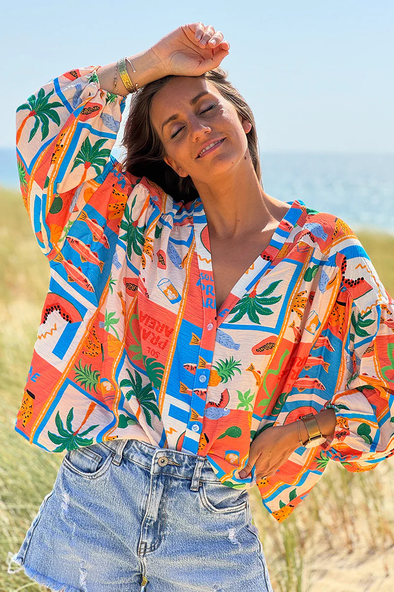 Coral Tropical Block Button-Down Blouse