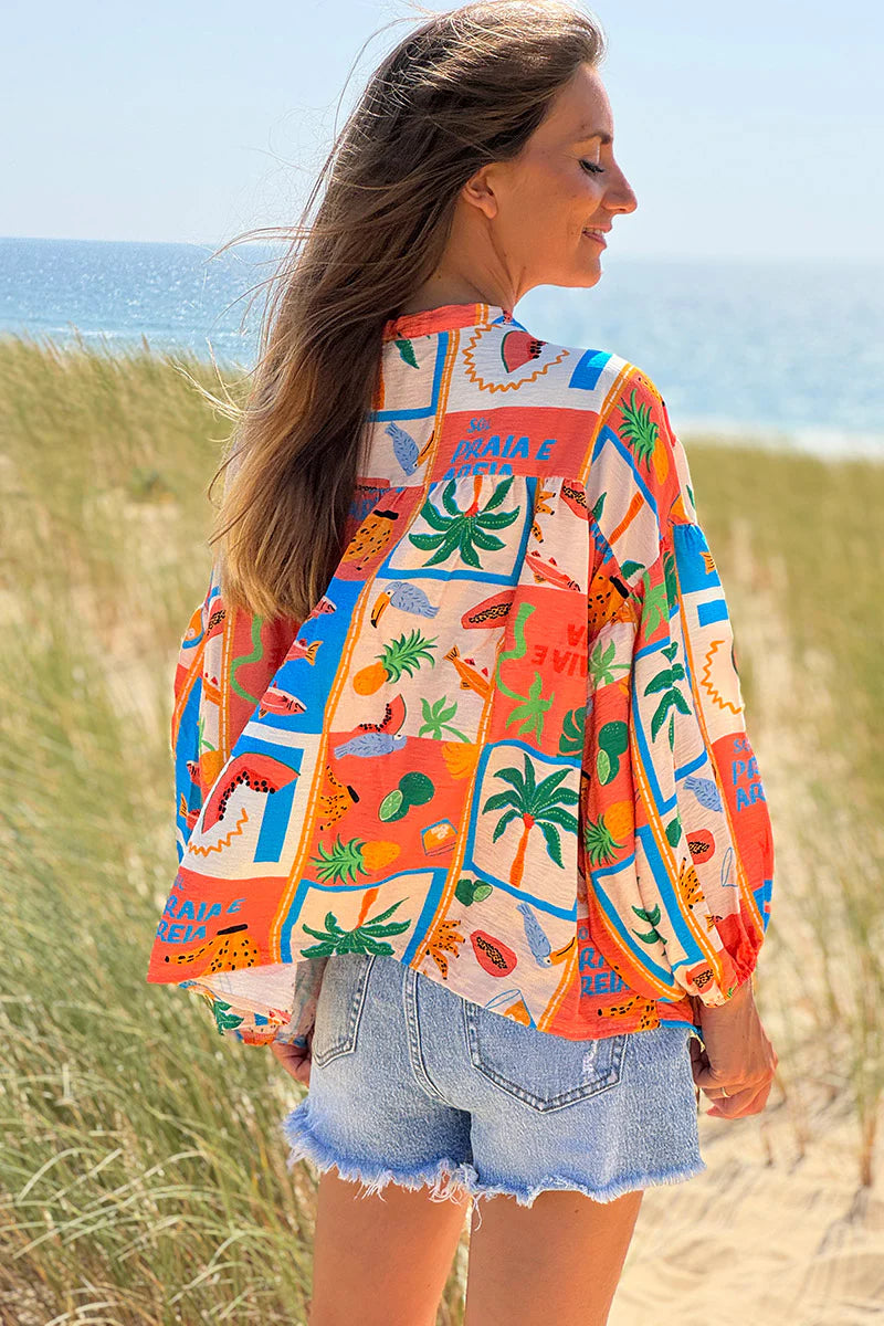 Coral Tropical Block Button-Down Blouse