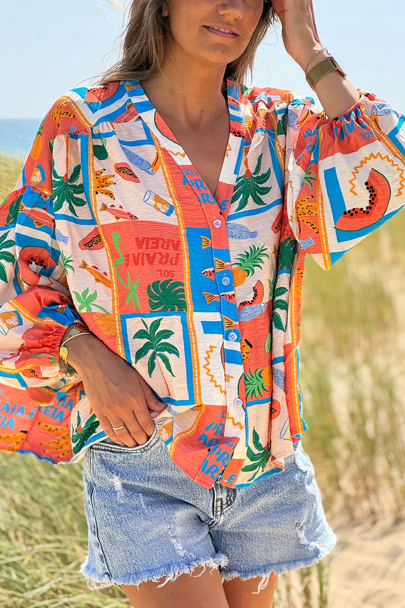 Coral Tropical Block Button-Down Blouse