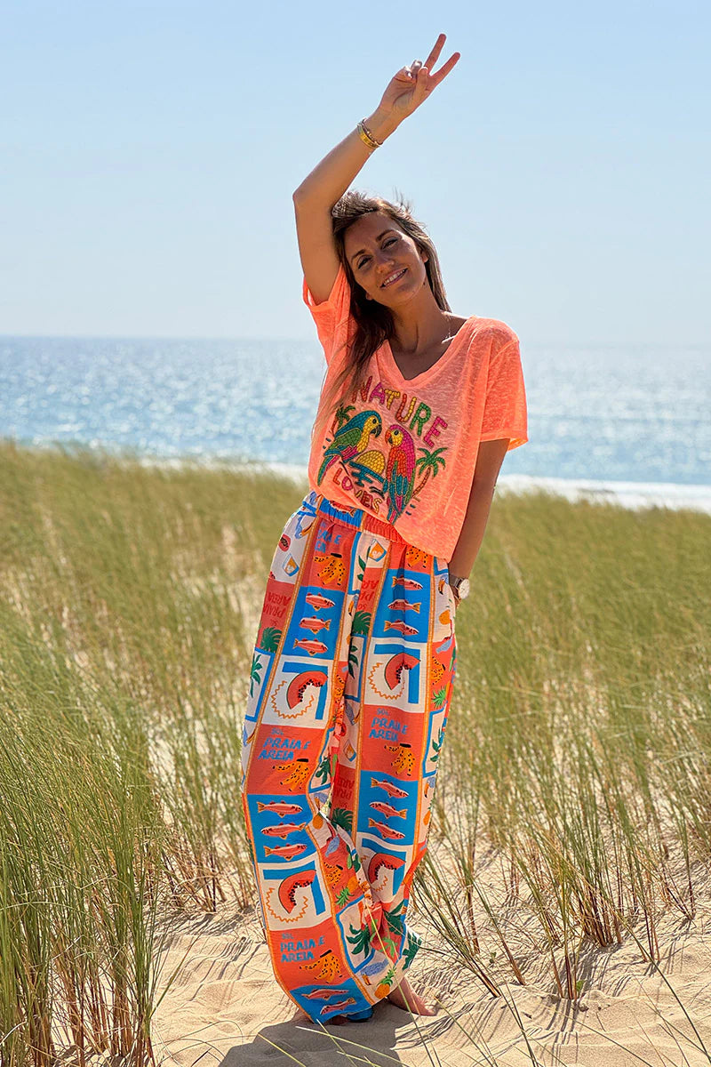 Coral Tropical Block Pull-On Pants