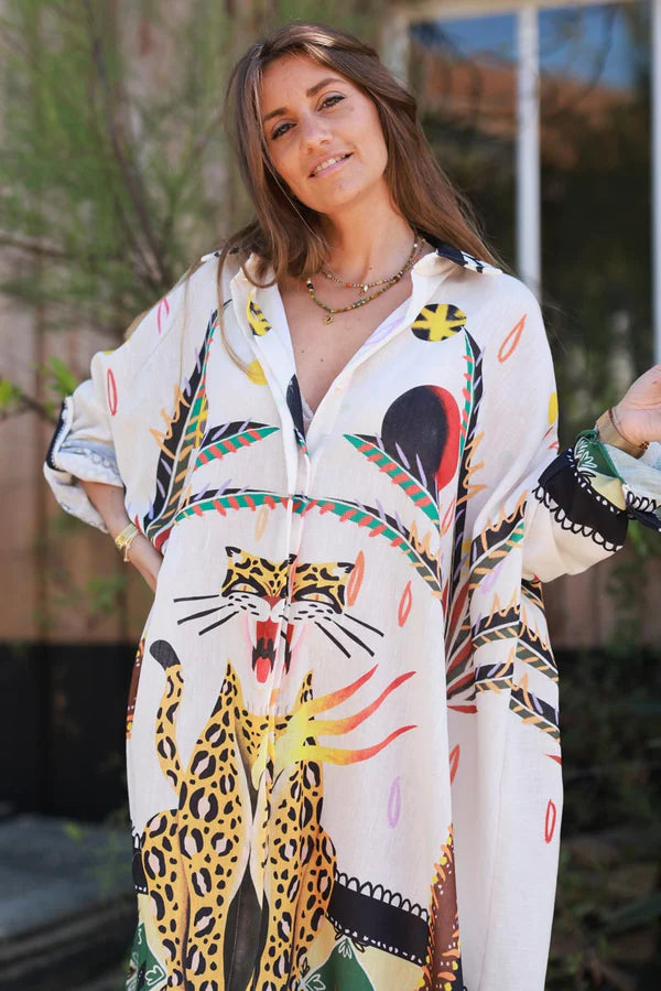 Cream Charming Cheetah Tropical Caftan