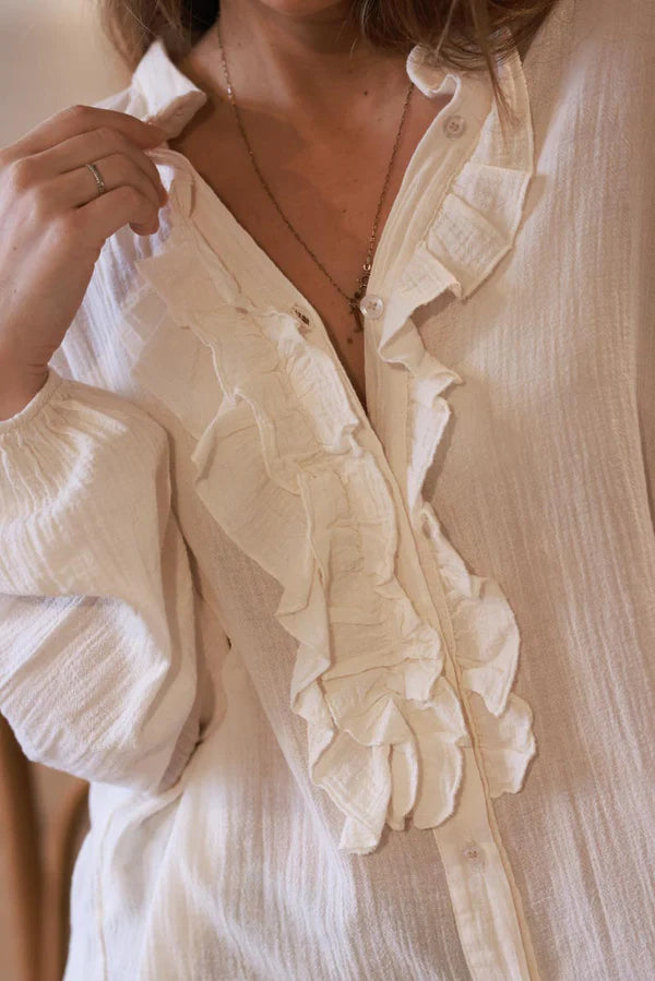 Cream Cotton Gauze Ruffled Blouse