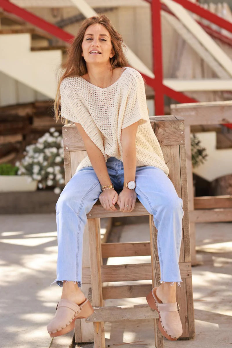 Cream Crochet Knit Cap-Sleeve Top