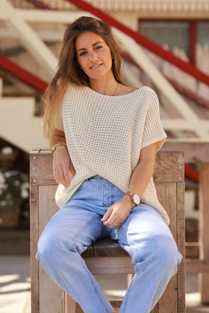 Cream Crochet Knit Cap-Sleeve Top