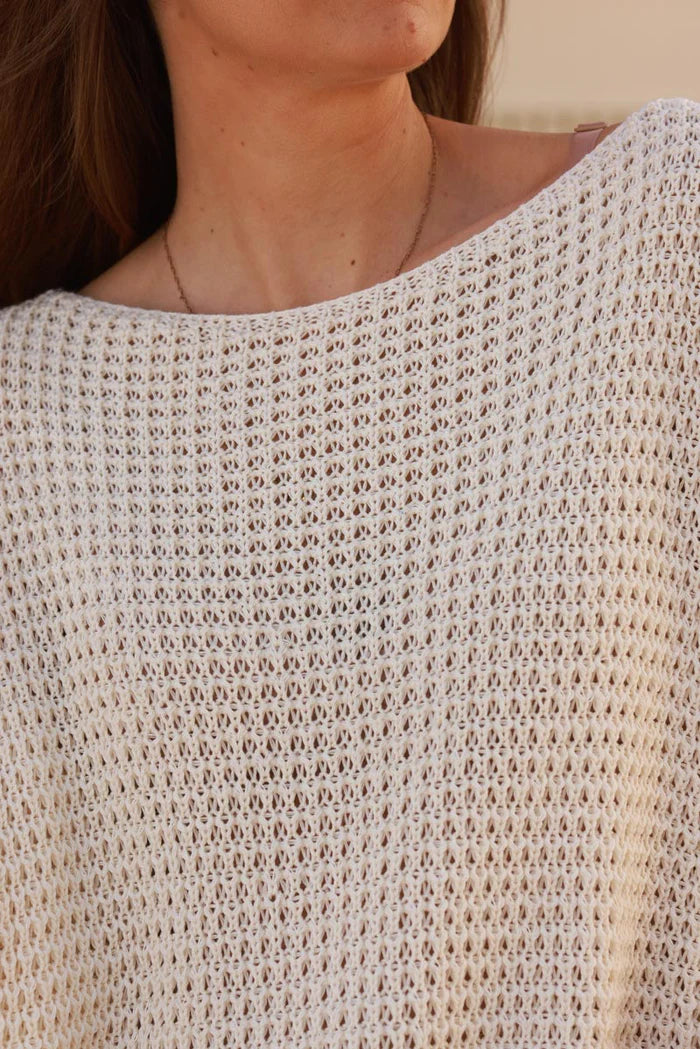 Cream Crochet Knit Cap-Sleeve Top