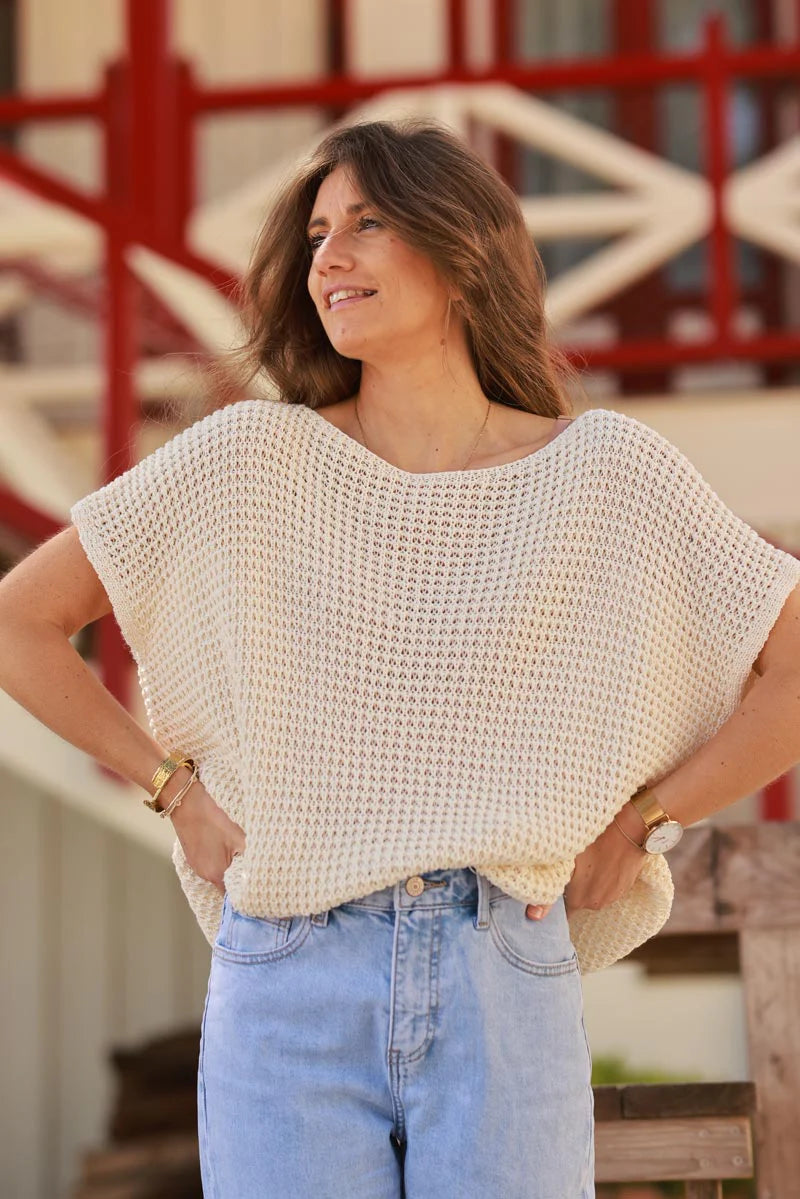 Cream Crochet Knit Cap-Sleeve Top