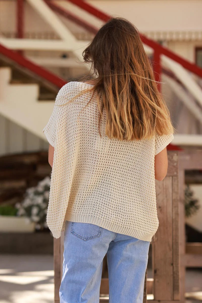 Cream Crochet Knit Cap-Sleeve Top