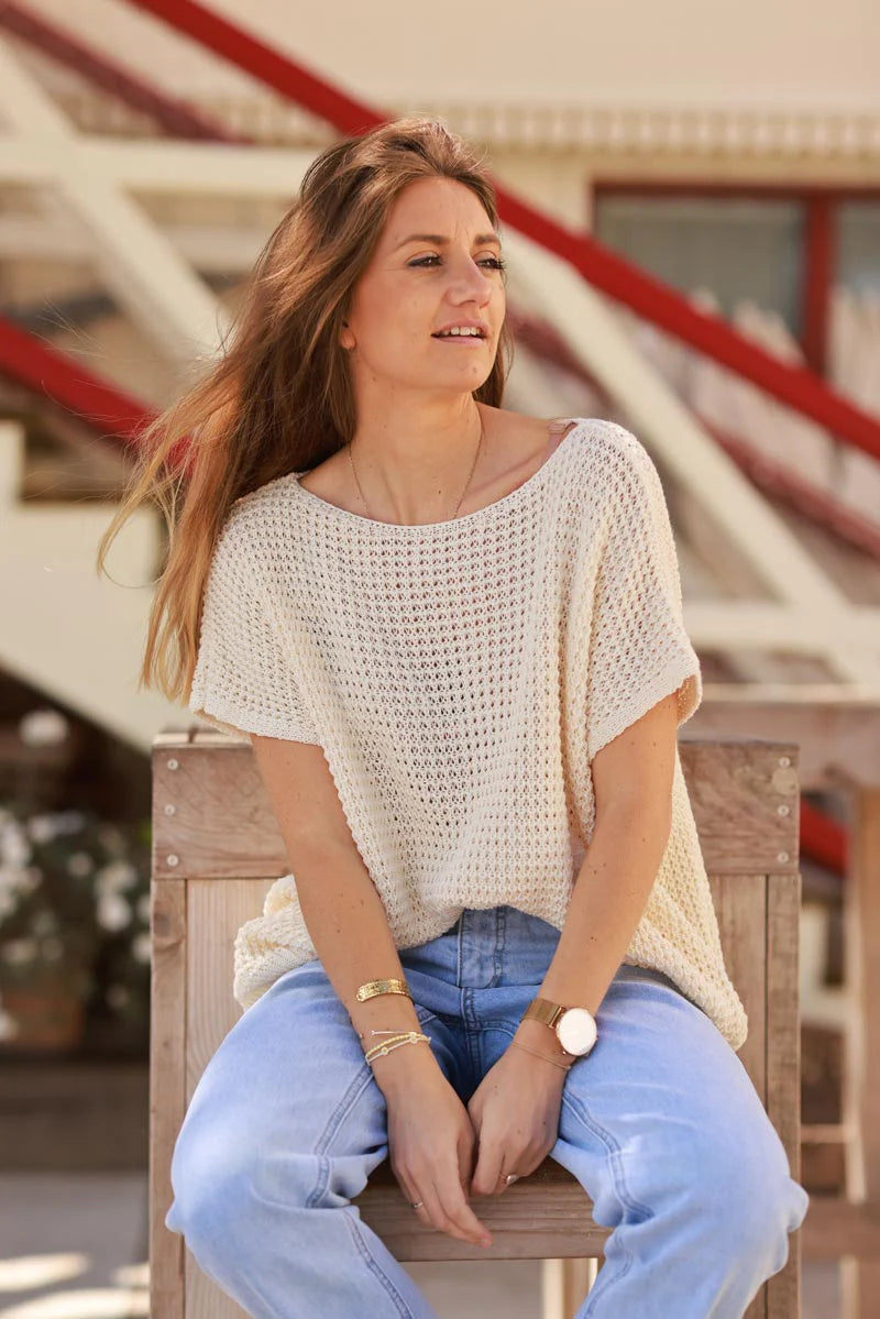 Cream Crochet Knit Cap-Sleeve Top
