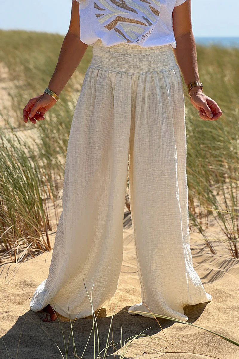 Cream Gauze Wide-Leg Pants