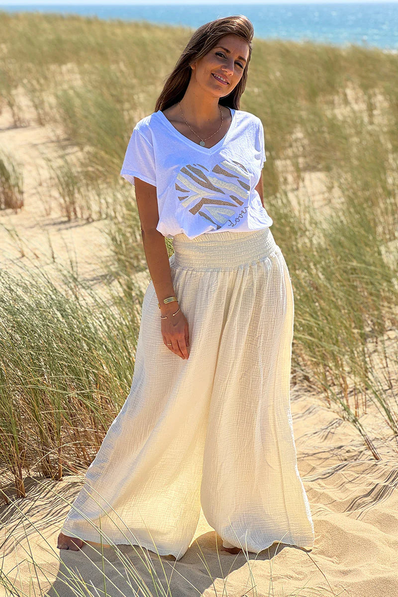 Cream Gauze Wide-Leg Pants