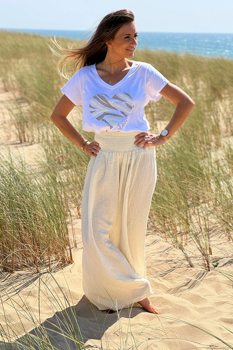 Cream Gauze Wide-Leg Pants