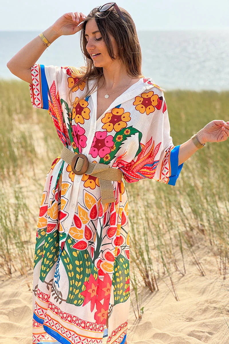 Cream Lotus Border Print Tiki Caftan