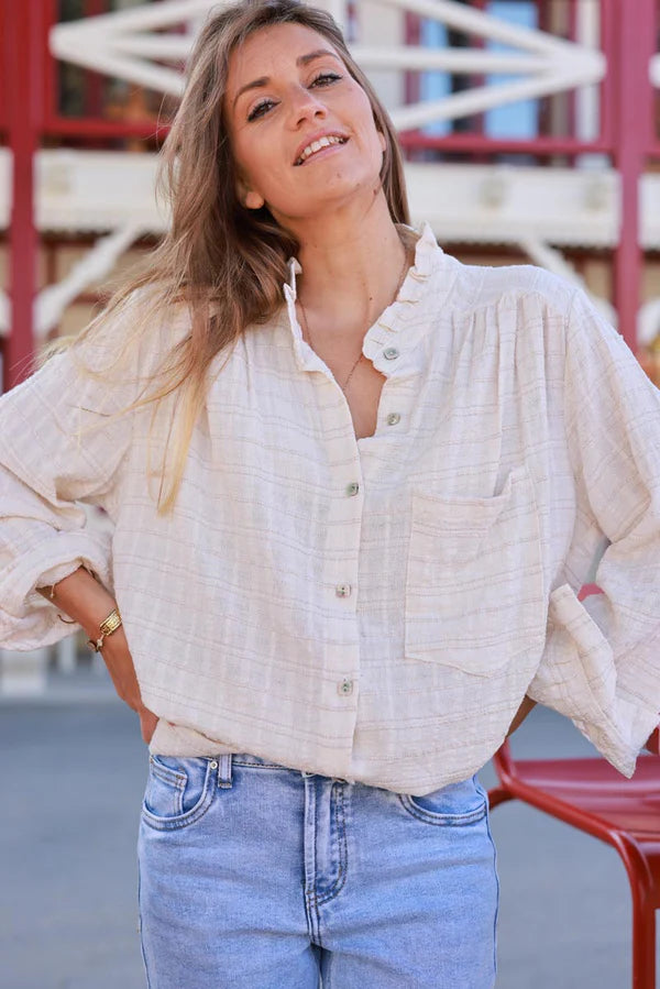 Cream Plaid Open Weave Button-Down Blouse