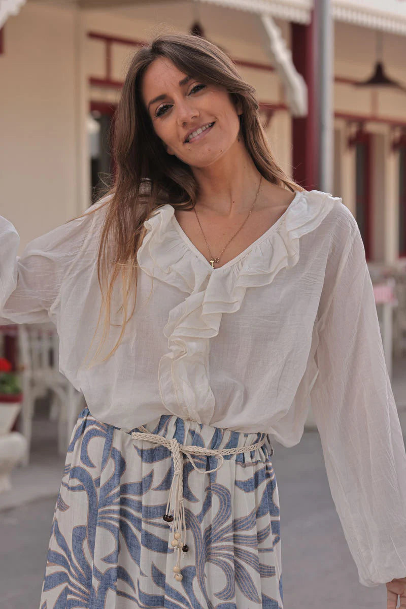 Cream Ruffled V-Neck Long-Sleeve Blouse