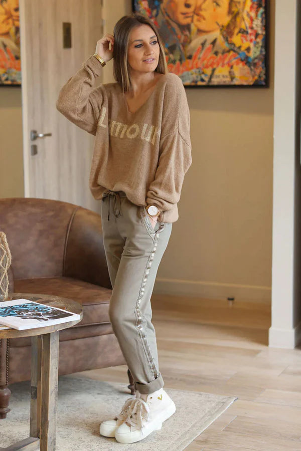 Cream Sweatpants with Satin Outseams
