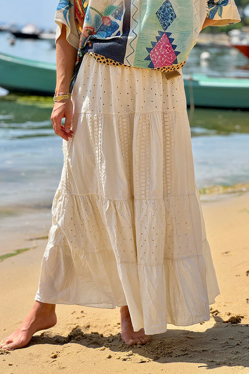 Cream Tiered Eyelet Boho Skirt