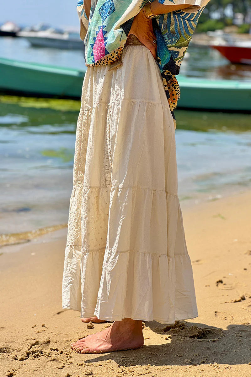 Cream Tiered Eyelet Boho Skirt