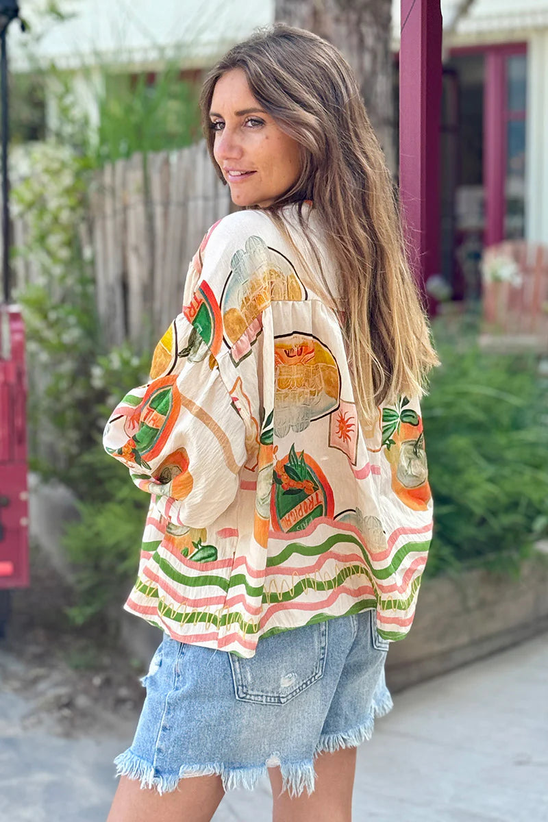 Cream Tropical Vintage Button-Down Blouse
