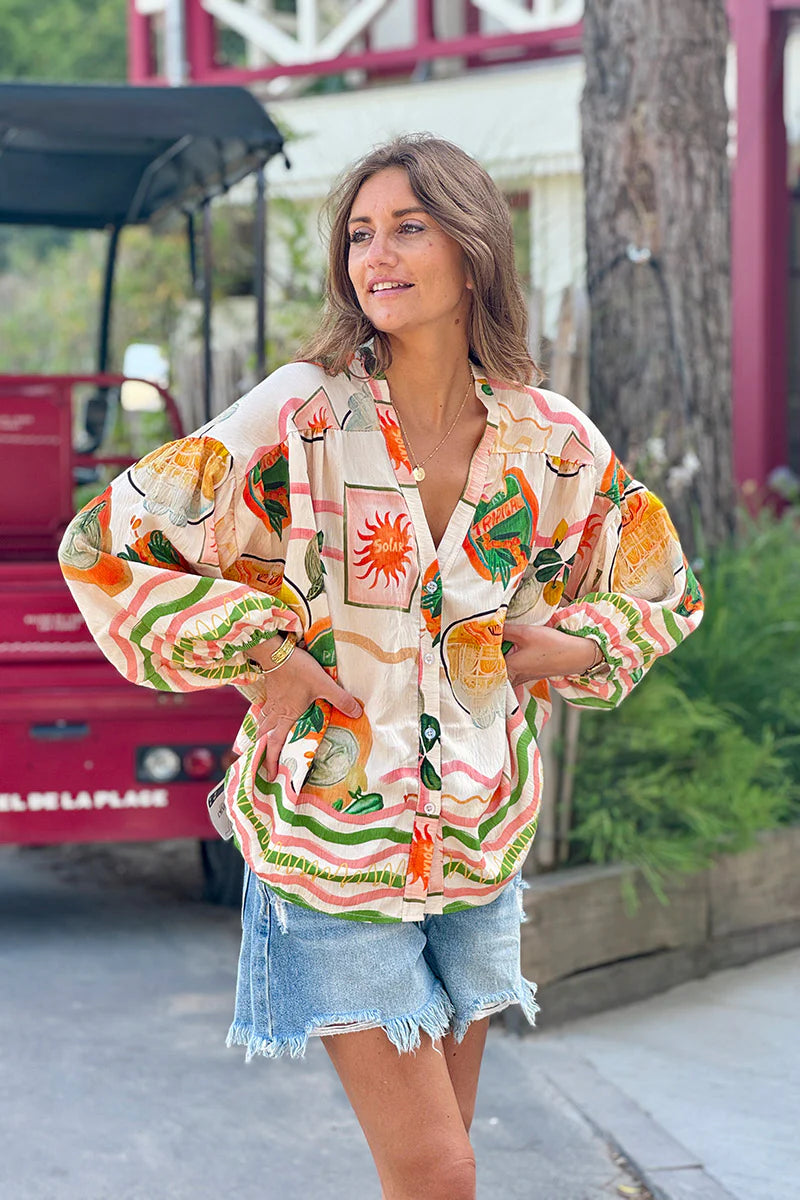 Cream Tropical Vintage Button-Down Blouse