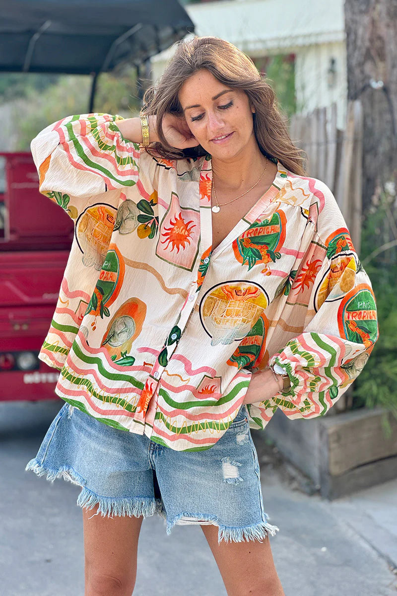 Cream Tropical Vintage Button-Down Blouse