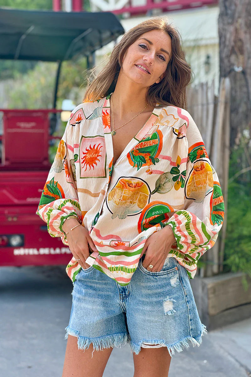 Cream Tropical Vintage Button-Down Blouse