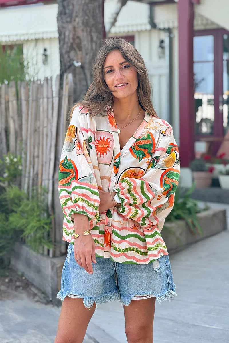 Cream Tropical Vintage Button-Down Blouse