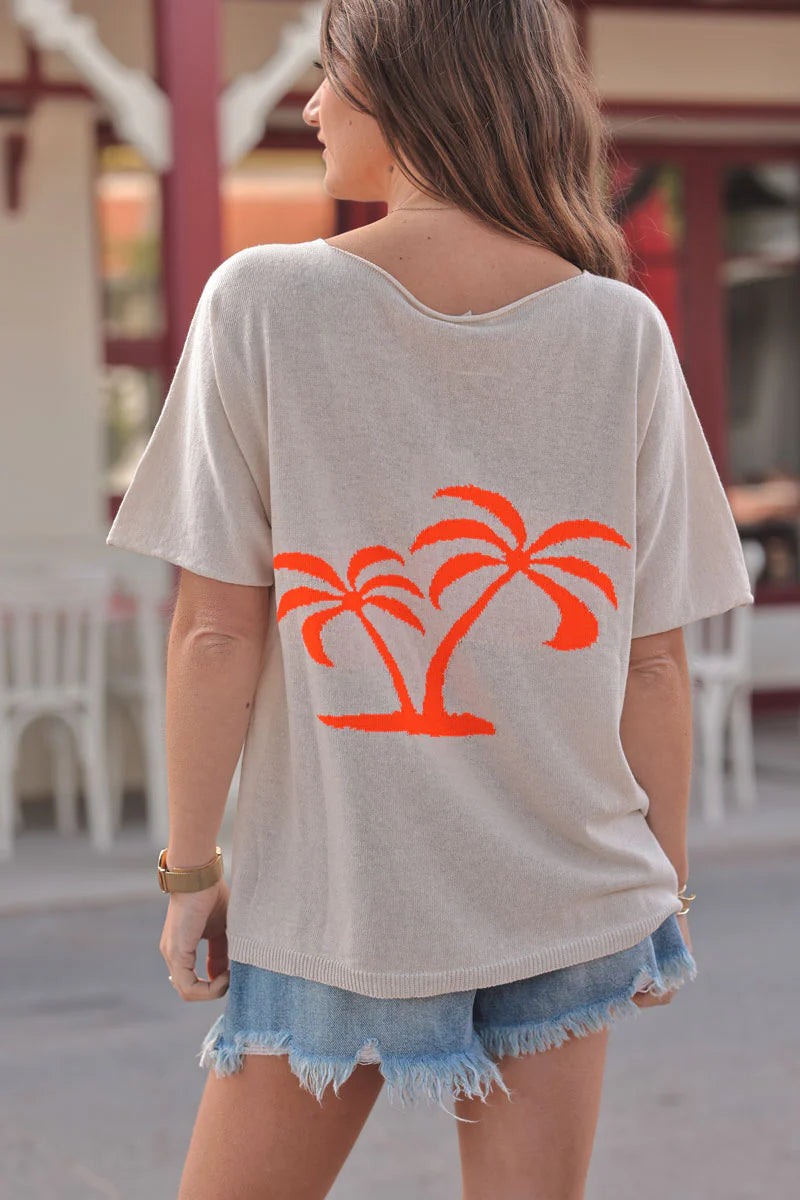 Cream V-Neck Orange Palm Knit Blouse