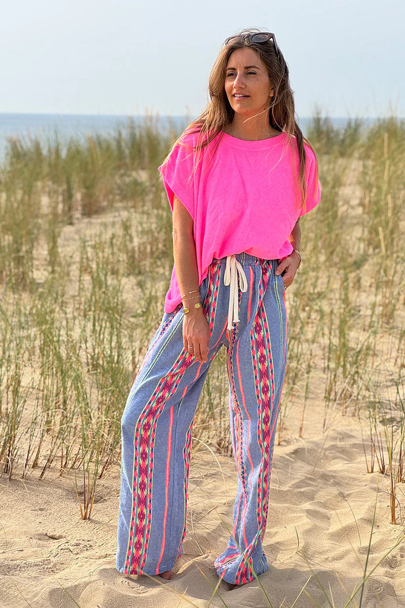 Denim Blue Tribal Stripe Boho Pants