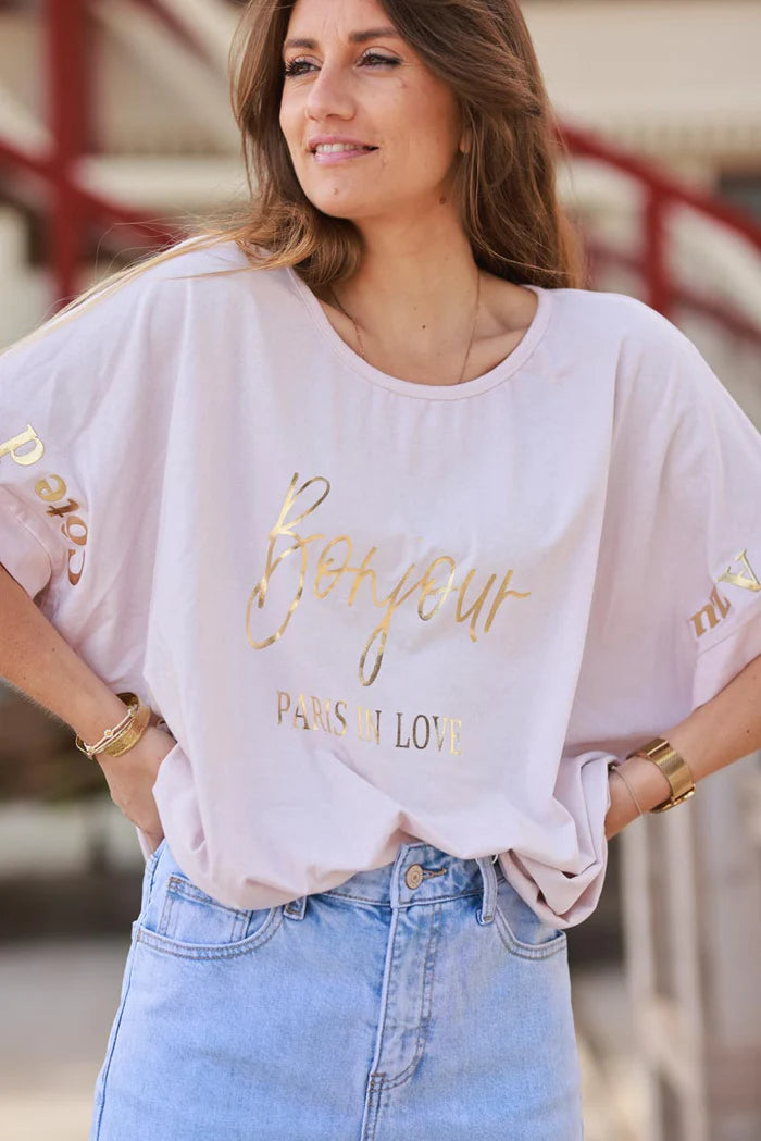 Dusty Pink “Bonjour” French Scoop Neck Tee