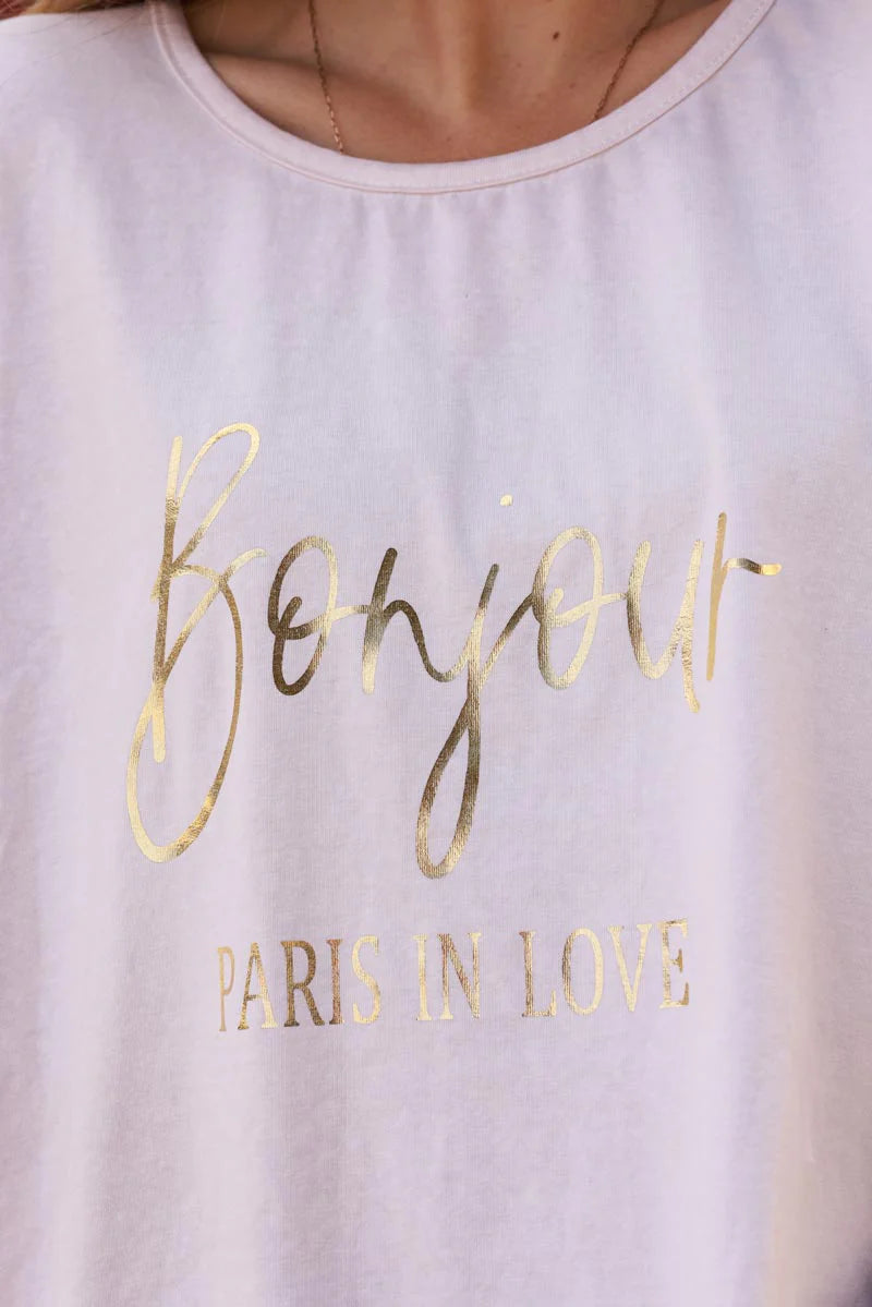 Dusty Pink “Bonjour” French Scoop Neck Tee