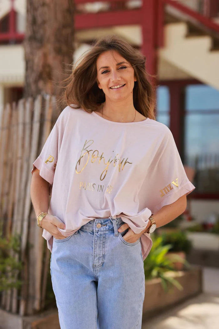 Dusty Pink “Bonjour” French Scoop Neck Tee