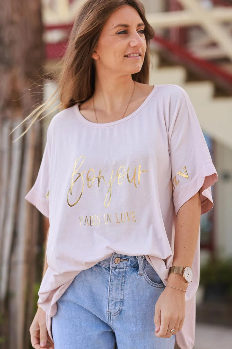 Dusty Pink “Bonjour” French Scoop Neck Tee