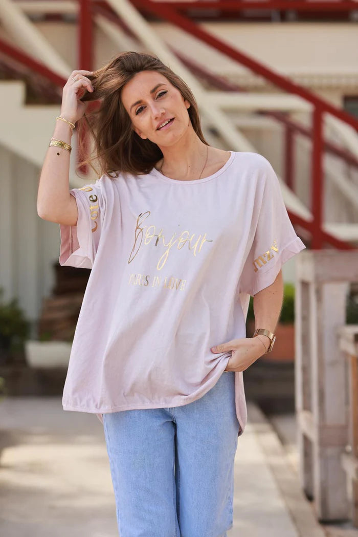 Dusty Pink “Bonjour” French Scoop Neck Tee