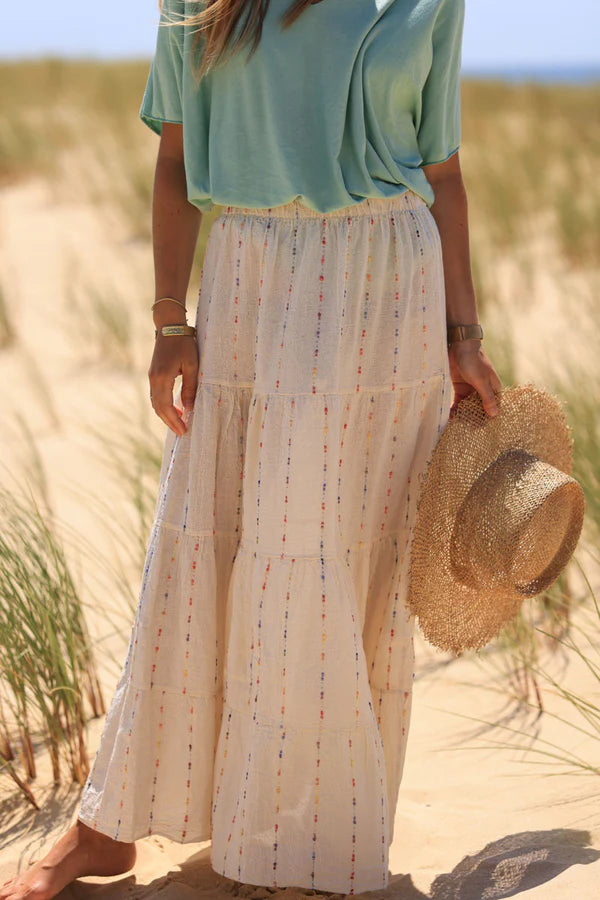 Cream cotton and linen skirt with colored threads