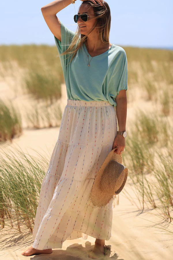 Cream cotton and linen skirt with colored threads