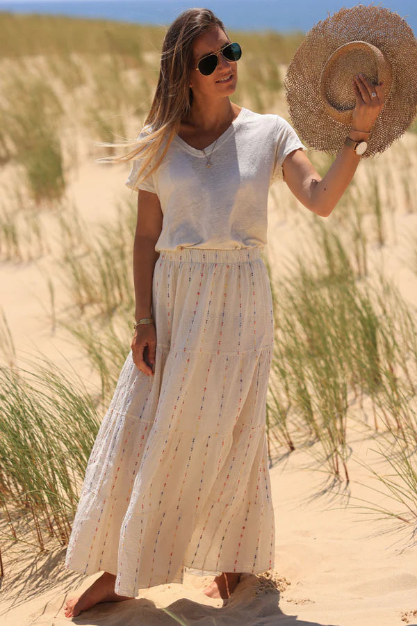 Cream cotton and linen skirt with colored threads