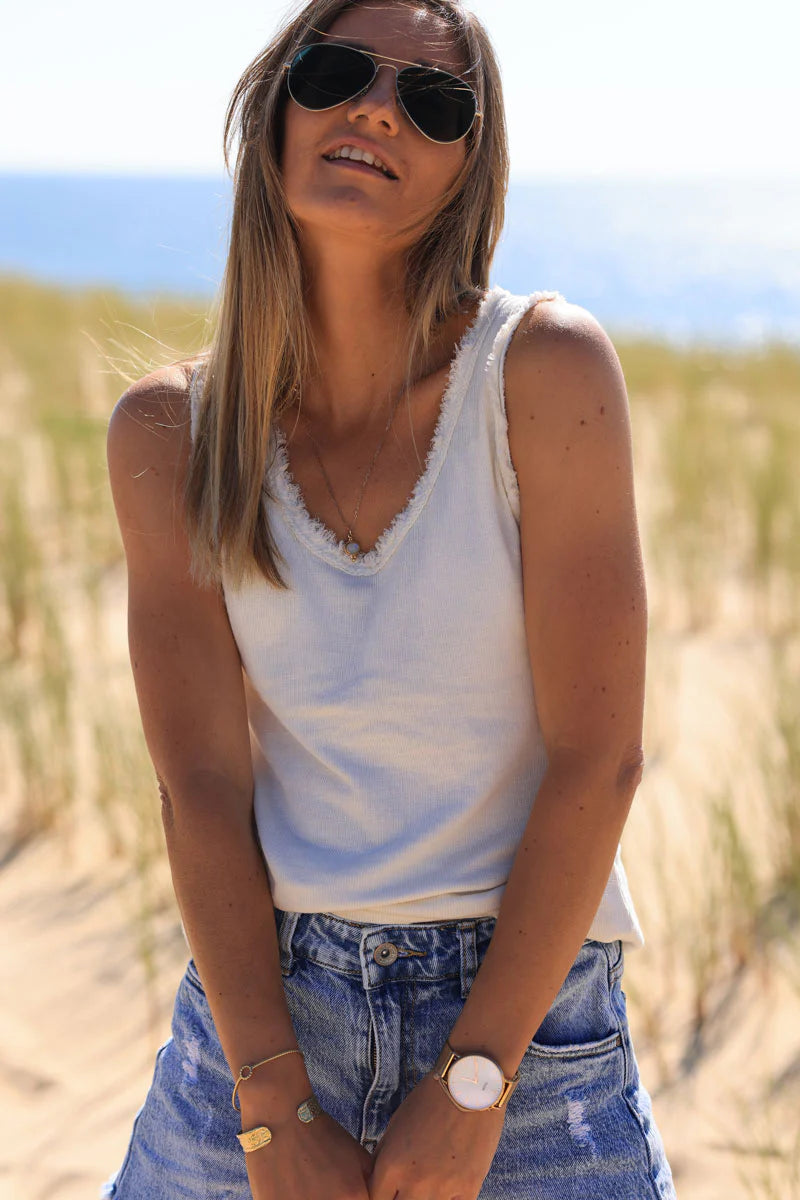 Cream cotton tank top with fringes