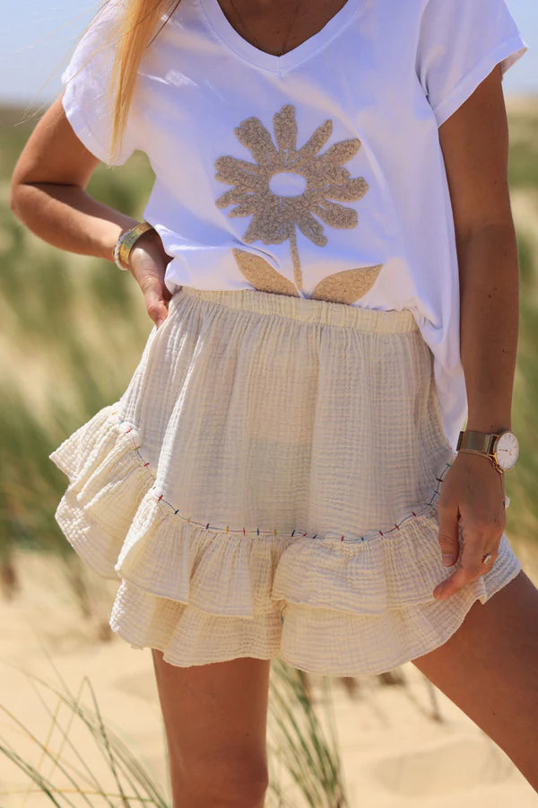 Cream layered frill cotton skort with colored threads