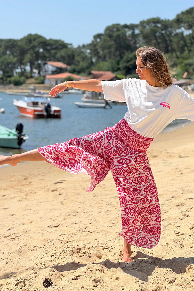 Fuchsia Batik Scroll Wide-Leg Pants