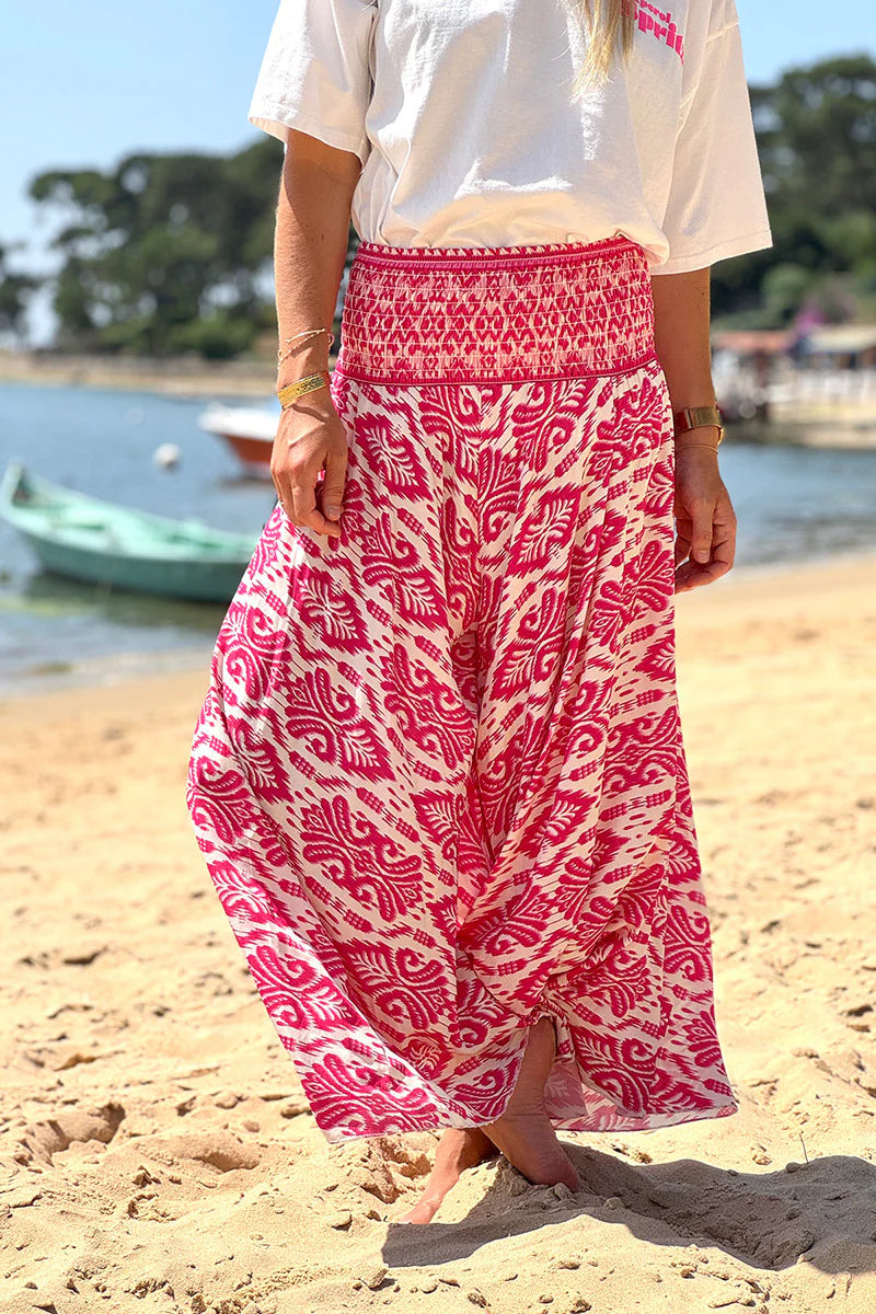 Fuchsia Batik Scroll Wide-Leg Pants